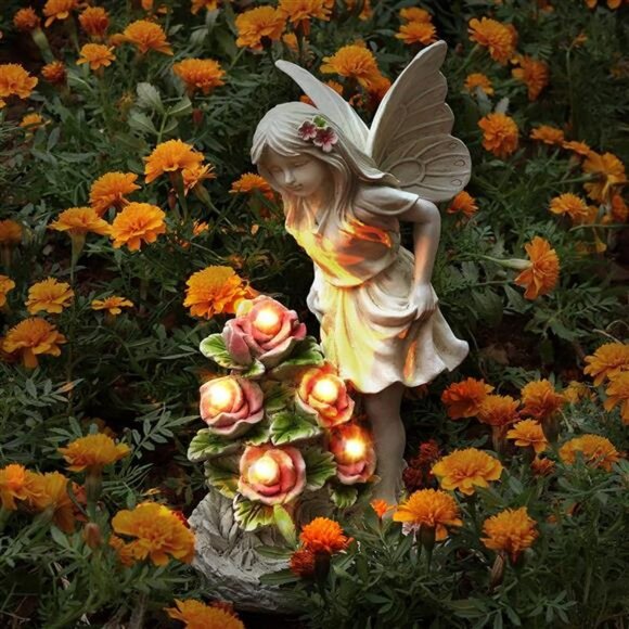 Garden Figurines Angel Garden Statue Outdoor Decor, Solar Powered Resin Sculptur